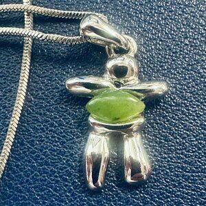 Inukshuk Pendant Necklace Green Stone - LP Maker Mark - Canadian Silver-Toned